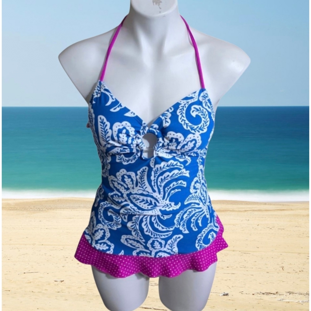 U.S. Polo Assn. Ruffle Hem  Tankini Top Blue & Pink Size M